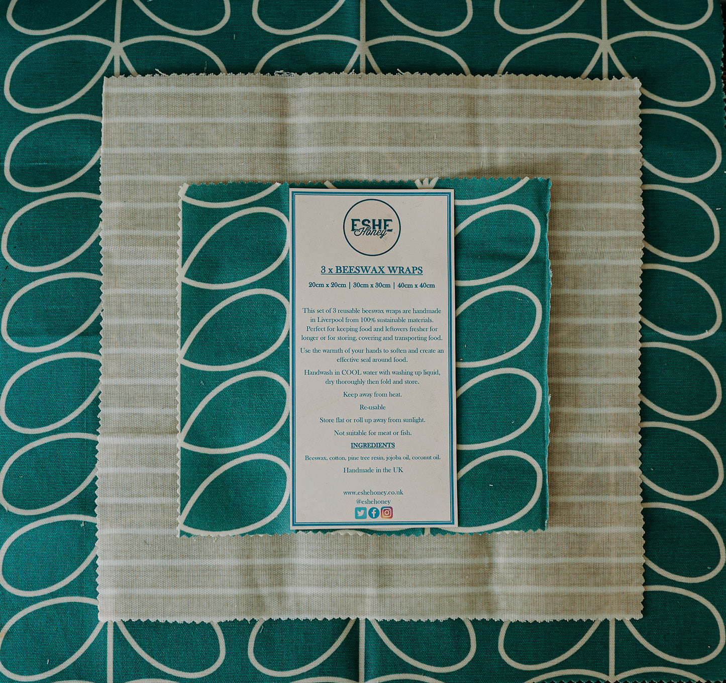 Beeswax Food Wrap | 3 Pieces | Deep Duck Egg