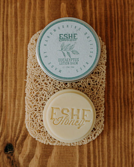 Eucalyptus lotion balm with 'ESHE Honey' branding on a wooden surface